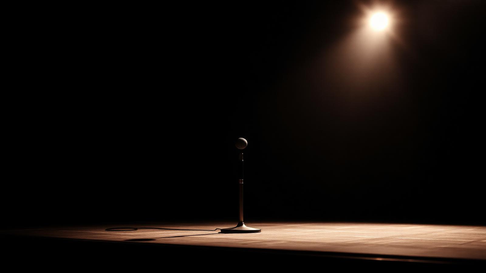 Microphone vintage seul sous un projecteur chaud sur scène de théâtre