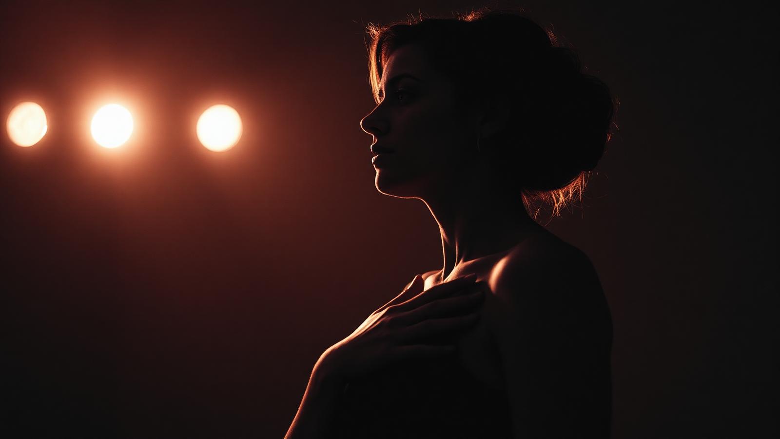 Femme en silhouette dans la pénombre des coulisses, main sur l'épaule, lumières chaudes derrière