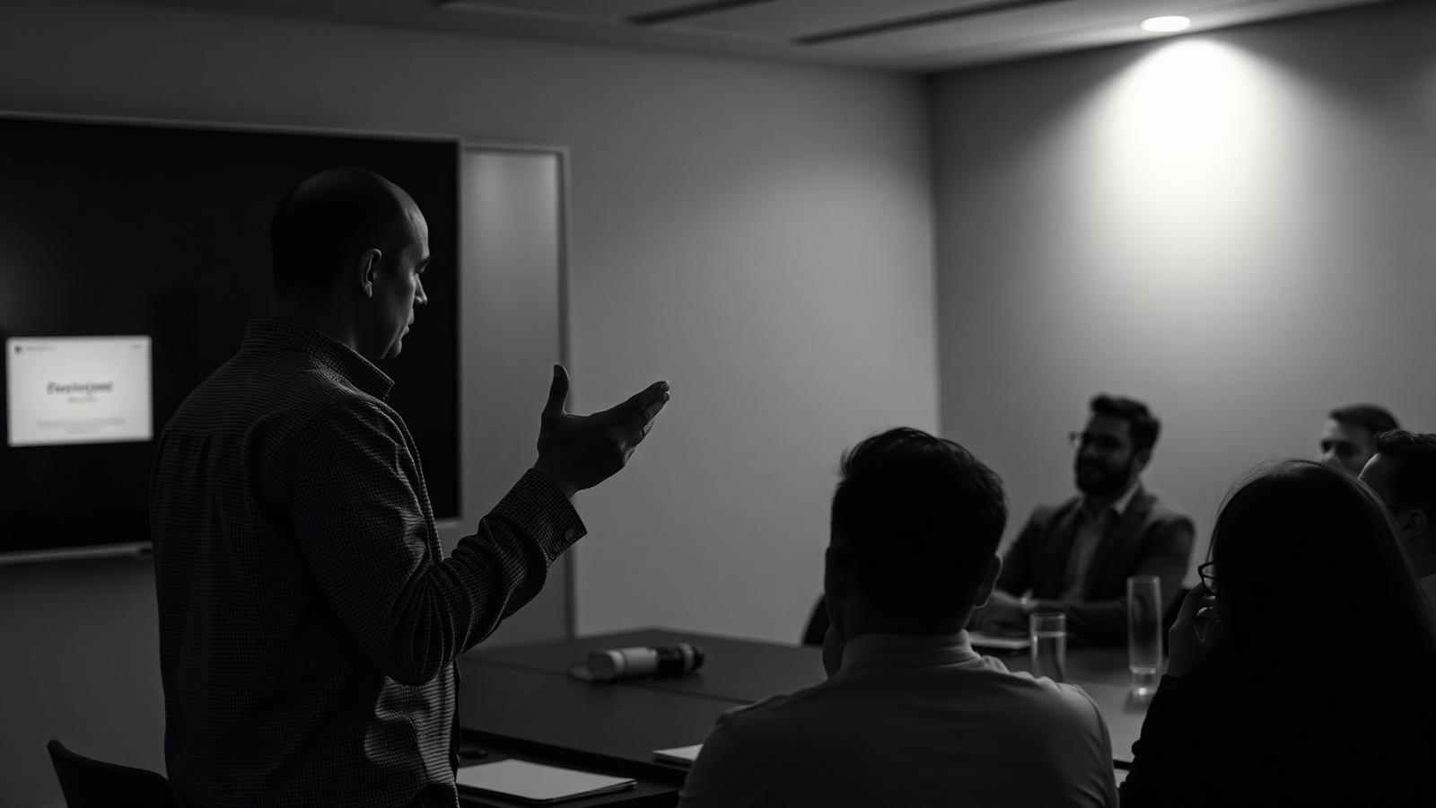 Fondateur en pitch devant un petit comité d'investisseurs, lumière chaude tamisée