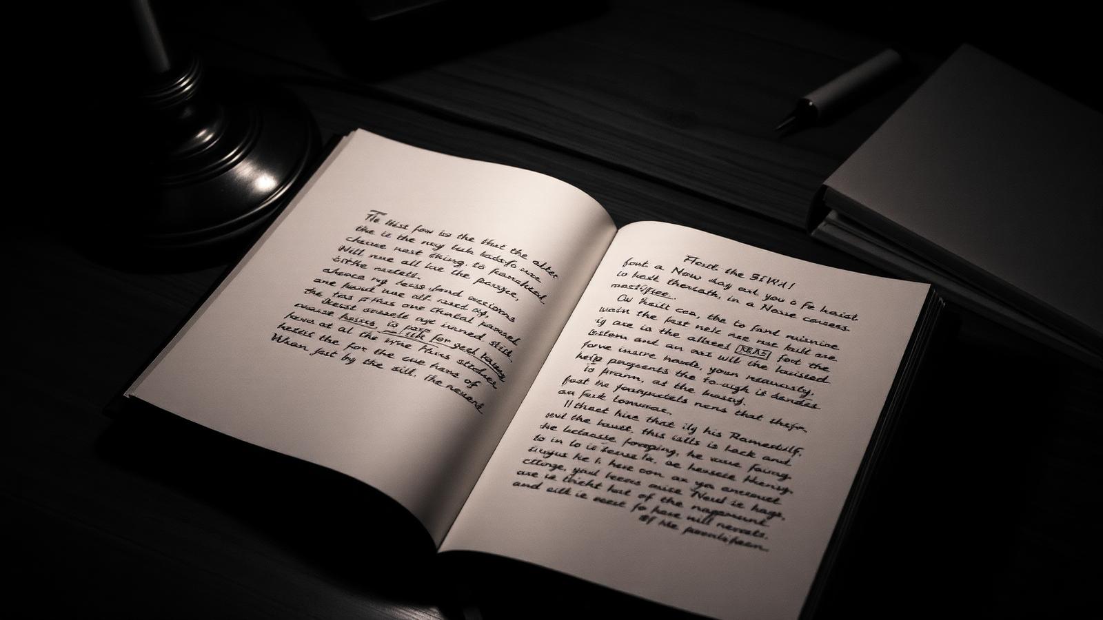 Cahier ouvert avec notes manuscrites de scénario sous une lampe de lecture chaude, ambiance d'écriture