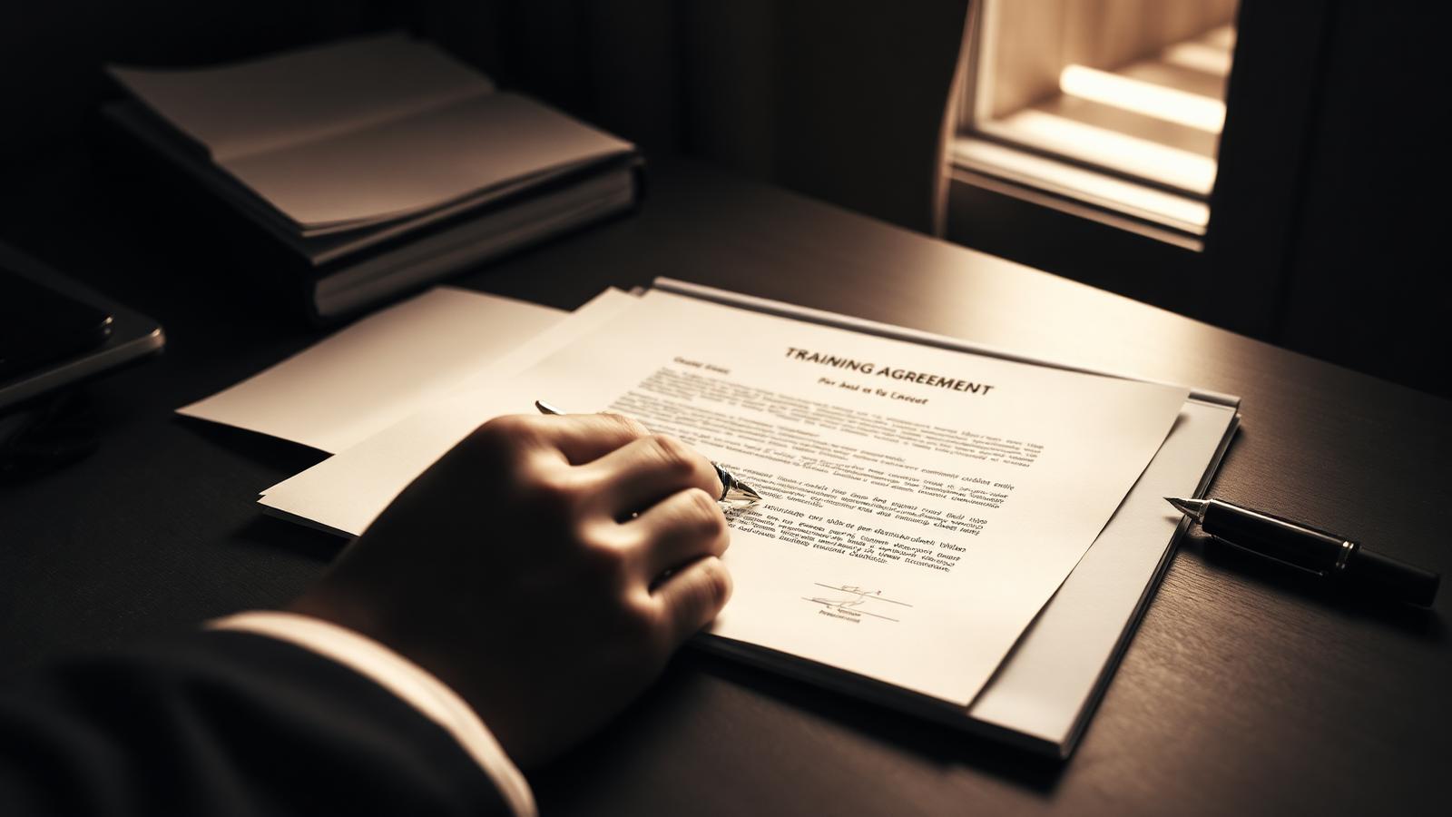 Mains signant une convention de formation, stylo et dossier sur un bureau en bois, lumière chaude
