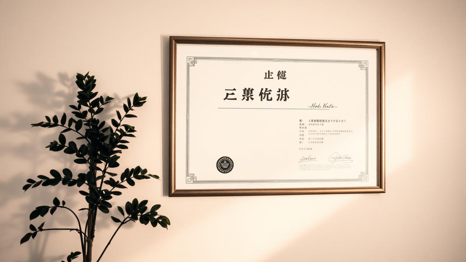 Certificat de qualité encadré sur un mur clair, lumière chaude tamisée