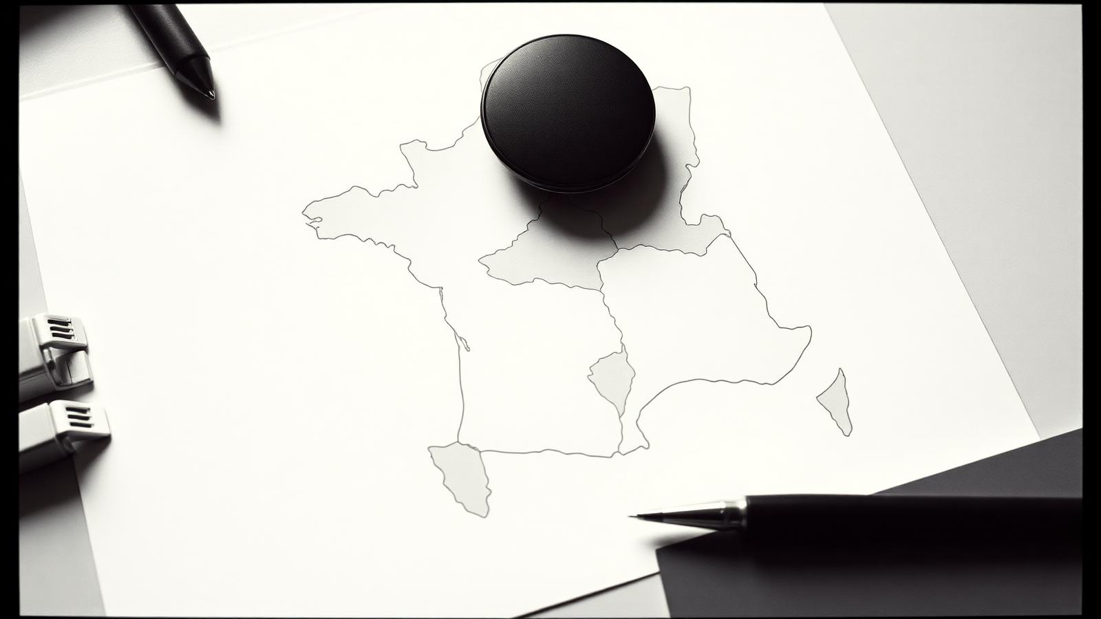 Carte de France stylisée tracée à la main sur du papier blanc avec des dossiers administratifs, lumière douce