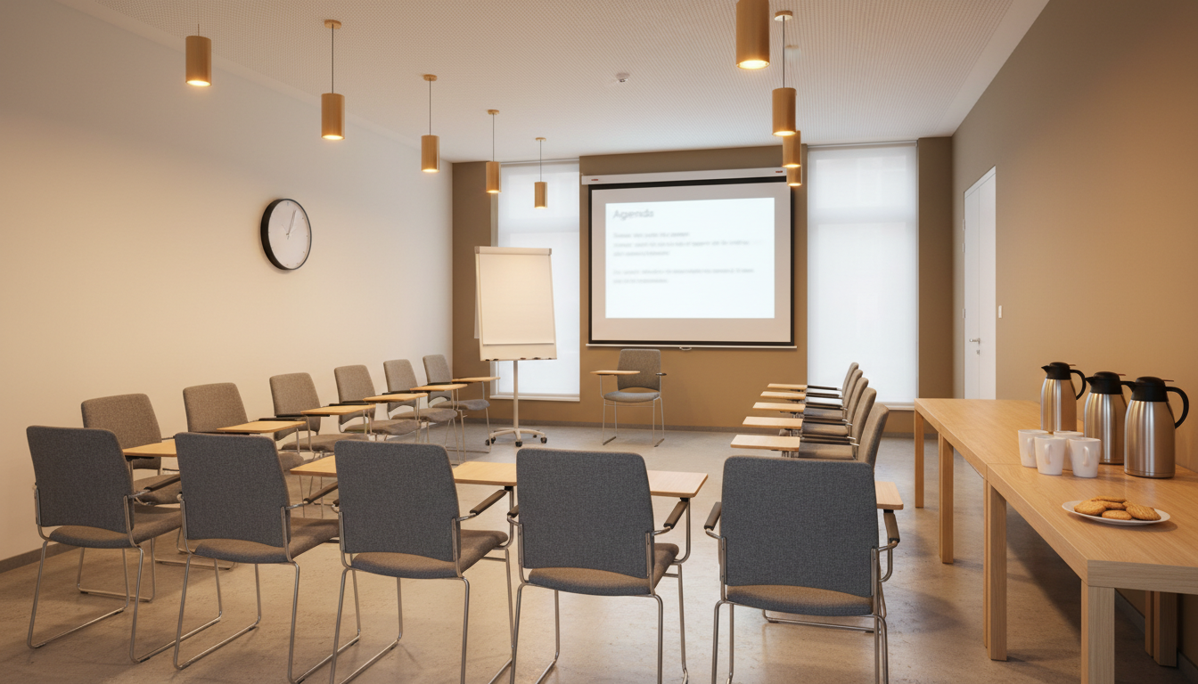 Salle de réunion avec présentation projetée, équipe attentive autour d'une table