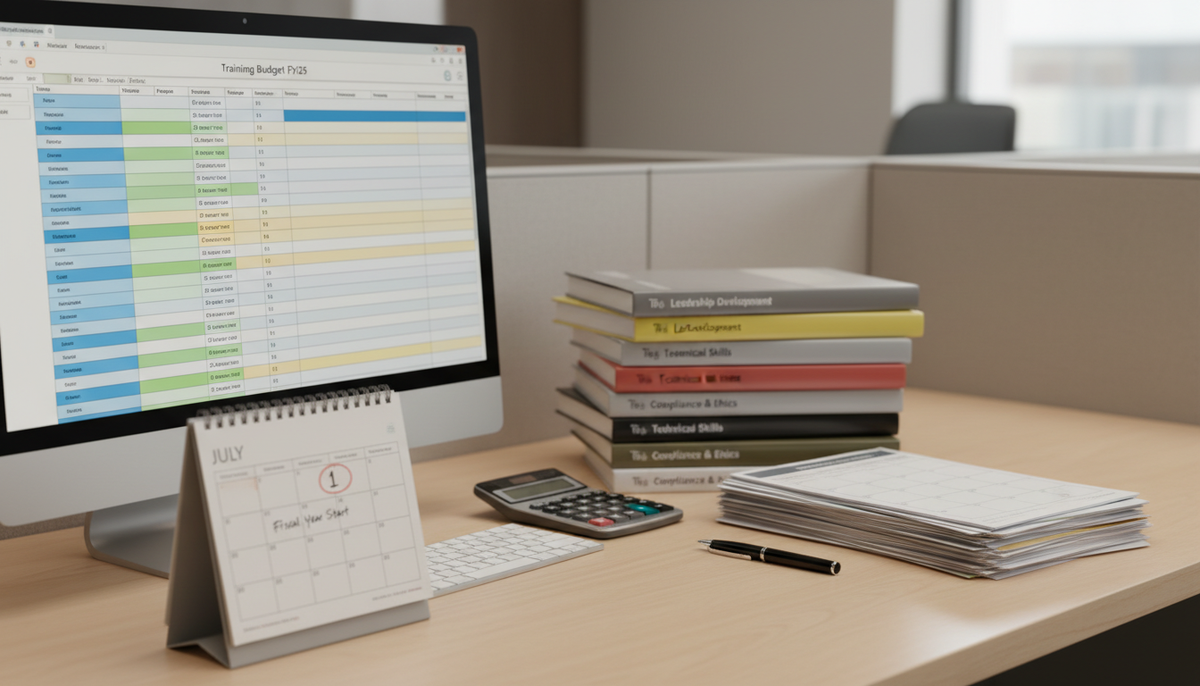 Bureau RH avec tableurs, calculatrice et tasse de café, ambiance studieuse