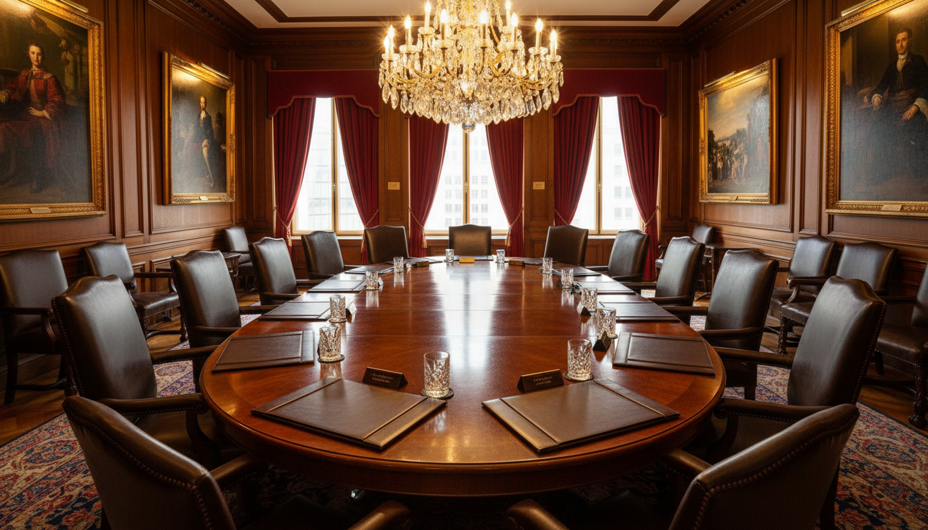 Salle de comité exécutif vue de l'angle, table rectangulaire et fauteuils noirs