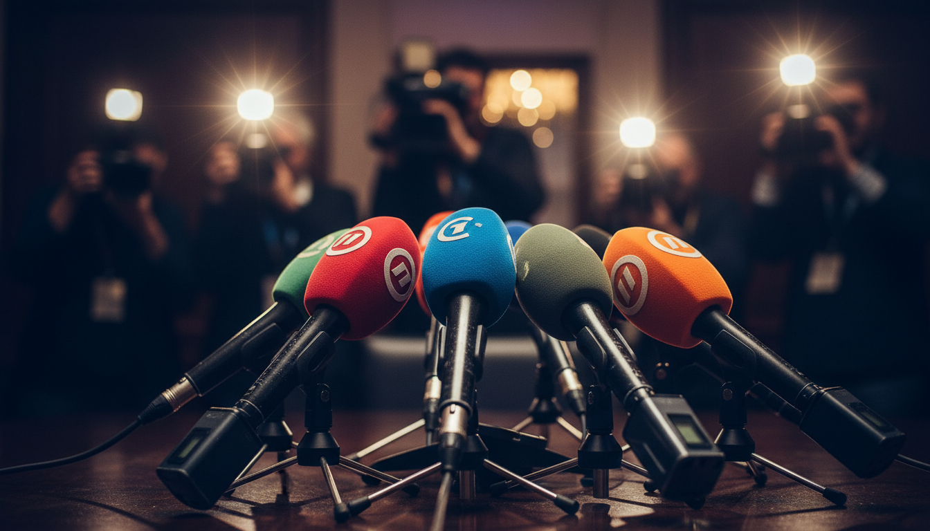 Plusieurs micros tendus en conférence de presse, lumière froide d'une salle saturée