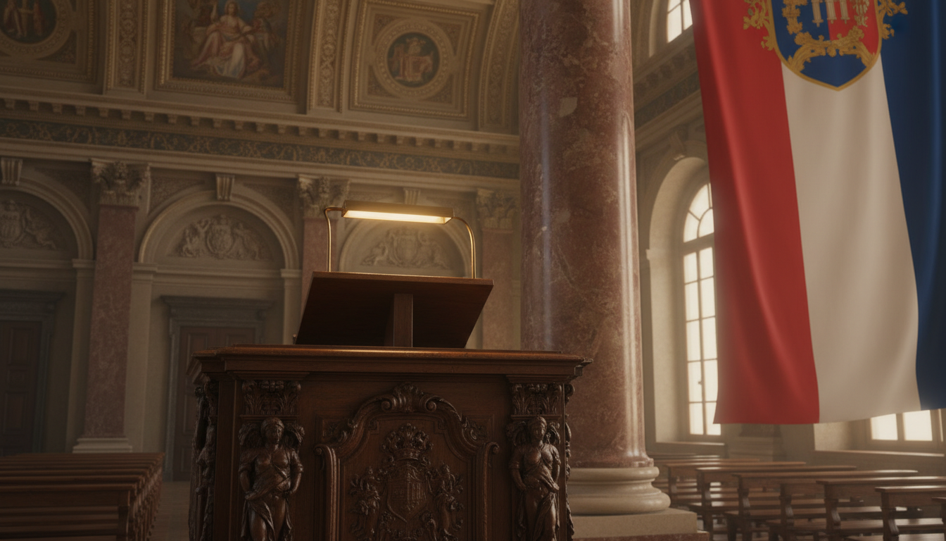 Pupitre de discours historique avec micro, fond rouge sombre, ambiance solennelle