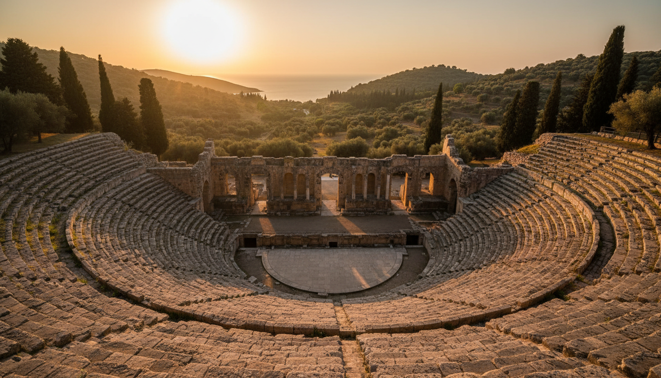 Vestiges d'un théâtre antique avec gradins de pierre baignés de soleil