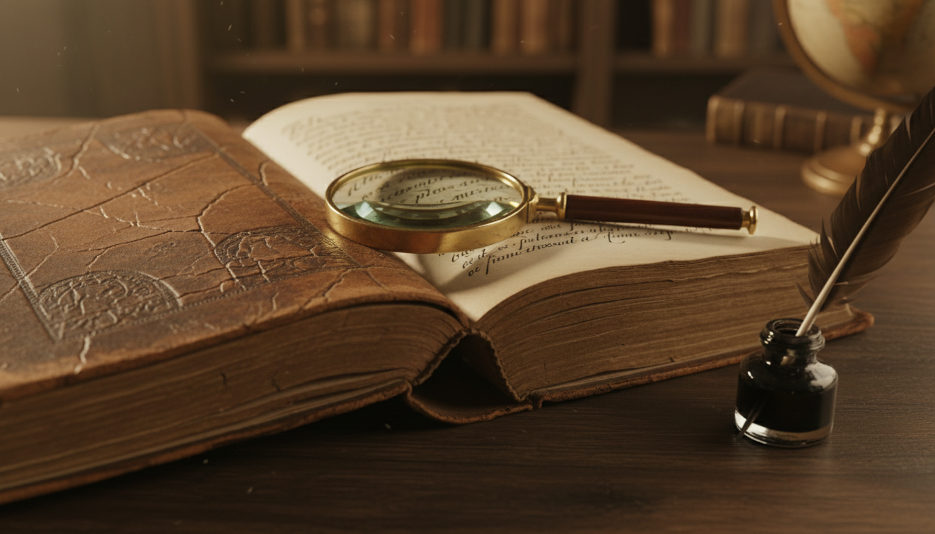 Livre ancien ouvert sur une table en bois, lumière dorée, plume posée à côté
